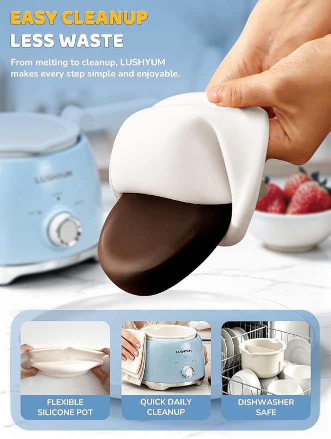 Electric Chocolate Melting Pot with 2 Insert Pots, 4-Cup Chocolate | Even Heating & Fast Melting, BPA-Free Silicone, Easy Clean, Less Waste, Ideal for Chocolate & Candy Melts, Parties, Fondue