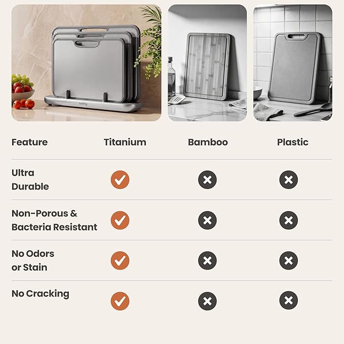 SMIRLY Titanium Cutting Board for Kitchen, Double Sided Chopping Board Set with Holder, 100% Pure Titanium, Dishwasher Safe, 3 Pack
