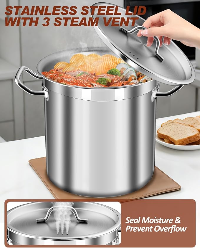 Stock Pot 20 Quart - Stainless Steel Stock Pot with Lid – Heavy-Duty Cooking Pot for Soup, Stew, Pasta – Commercial & Home Use, Induction Compatible - 5 Gallon