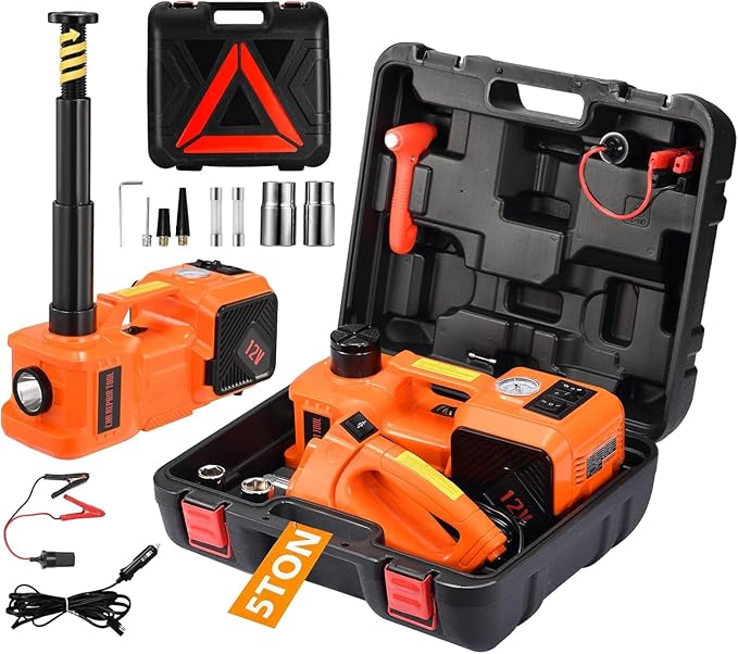 5 Ton 12V Electric Car Jack Hydraulic, 5-in-1 Portable Car Jack with Tire Inflator & Impact Wrench, LED Light Auto Stop Safety Lock for SUV MPV, Garage & Roadside Emergency Use