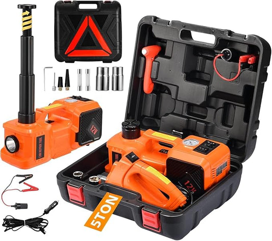 5 Ton 12V Electric Car Jack Hydraulic, 5-in-1 Portable Car Jack with Tire Inflator & Impact Wrench, LED Light Auto Stop Safety Lock for SUV MPV, Garage & Roadside Emergency Use