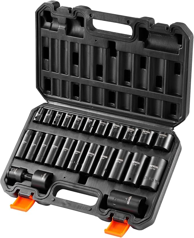 VEVOR 3/8" Drive Impact Socket Set, 25 Piece Deep & Shallow Socket Set SAE 5/16" - 1", 6 Point Cr-Mo Alloy Steel for Auto Repair, Easy-to-Read Size Markings, Rugged Construction, Includes Storage Case