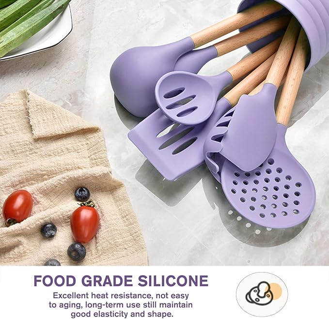 Silicone Kitchen Utensil Set,8 Pieces Cooking Kitchen Utensils Set with Wooden Handle,Non Stick Silicone Gadgets Utensil Set with Holder,Heat Resistant Cooking Tools Set for Cooking (Purple)