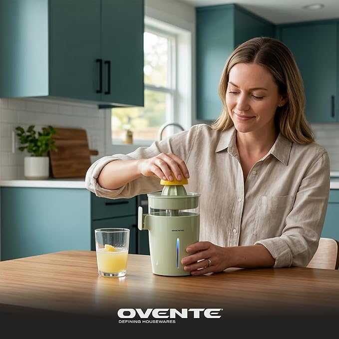 OVENTE Electric Citrus Juicer Machine with Self-Reversing Cones, 40 Watts, 17 oz Capacity, Pulp Control and Easy Pour Spout, Juice Squeezer for Orange, Lemon, Lime or Grapefruit, Green JE44G