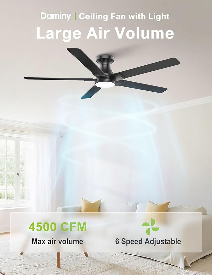 DAMINY 52 inch Black Ceiling Fans with Lights,5 Blades,6CCT, Low Profile,Remote Control,for Bedroom, Kitchen,Living Room,Indoor/Outdoor Use,Flush Mount