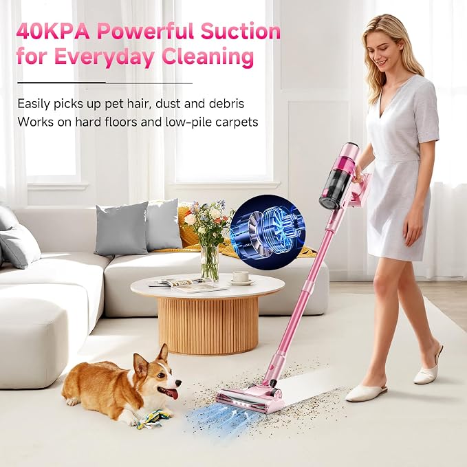 Cordless Vacuum Cleaner:Portable 6-in-1 Stick Vacuum with Anti-Tangle Brush | LED Headlight, Self-Standing, HD Display, Rechargeable Vacuum for Pet Hair, Low-Pile Carpet and Hardwood Floor-Dark Pink