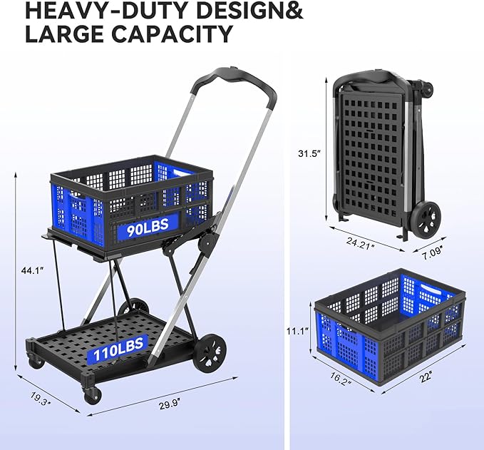 Collapsible Shopping Cart with Wheels,2 Tier Multi Use Foldable Shopping Cart with 2 Storage Crates,Folding Shopping Trolley Utility Cart for Office,Groceries, Warehouse,Supermarket,Picnic (Blue)