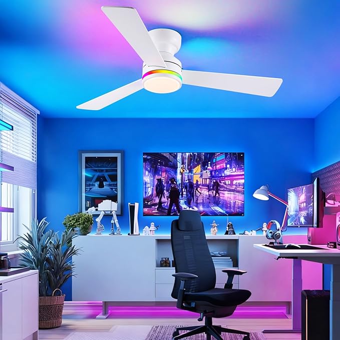 Asyko 46" White RGB Ceiling Fans with Lights and Remote,Low Profile Ceiling Fans with Quiet Reversible DC Motor,Modern Flush Mount Ceiling Fan Light for Bedroom Kids Room