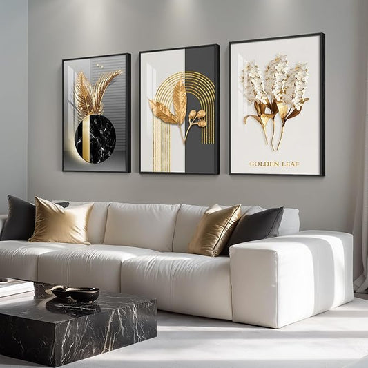 Framed Modern Luxury Large Wall Art for Living Room, Set of 3 Piece Black White Gold Contemporary Abstract Paintings Artwork for Walls, Big Prints Pictures for Office Wall Decor -Total 30" x 60"