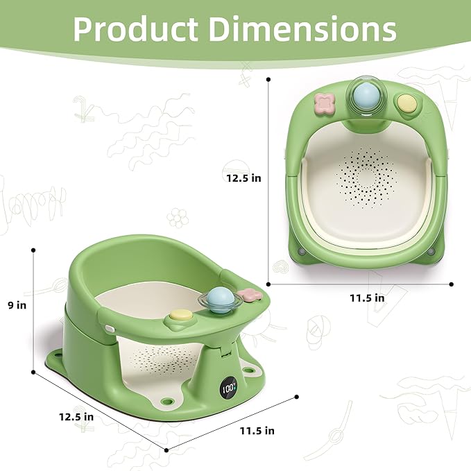 Baby Bath Seat for Babies 6 Months & up with Thermometer, Non-Slip Toddler Bath Seats for Sitting Up, Safe Infant & Newborn Bathtub Chair with 4 Suction Cups, Soft Cushion & Temperature Display, Green