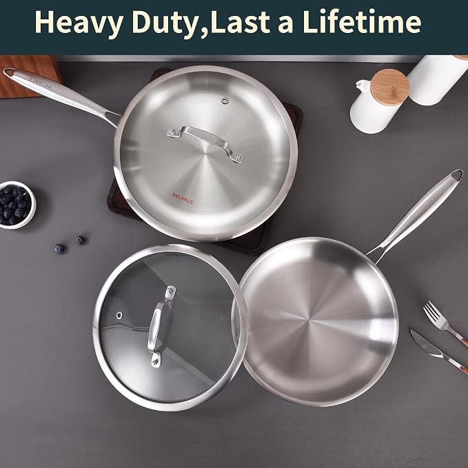 DELARLO Tri-ply Stainless Steel Frying Pan Set with Lid 8" 10" | Induction Large Skillets, Chef's Pan, Pots and Pans Set, PTFE & PFOA Free, Suitable for All Stove