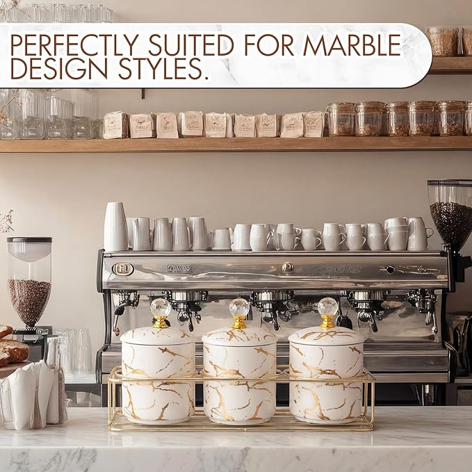 3 Pcs Ceramic Coffee Canister Set with Lids and Metal Stand, Marble Sugar Coffee Tea Containers, Kitchen Counter Storage Jars for Bar Accessories