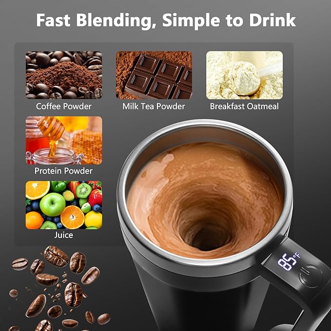Self Stirring Coffee Mug with Temperature Display, 18 oz Rechargeable Self Stirring Mug with Lid, Automatic Self Stirring Cup, Coffee Mug with Stainless Steel for Coffee, Milk, Beverages, Black