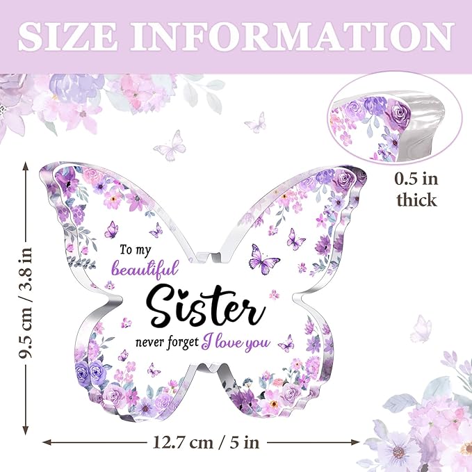 Gifts for Sister, Sister Birthday Gifts, Unique Purple Butterfly Acrylic Plaque Desk Decor, Mothers Day Valentines Christmas Rakhi Gift for Sisters Adult Graduation - 5 x 3.8 x 0.5 inches