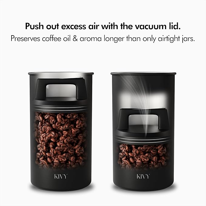 KIVY Vacuum Coffee Canister - Push Lid Preserves Aroma & Oil - Stainless Steel Airtight Container for Ground & Bean Storage - Removes Excess Air