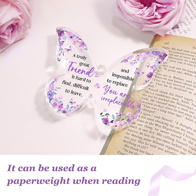 Friend Friendship Gifts for Women, Purple Butterfly Acrylic Plaque Desk Decor, Gifts for Friends Women Unique, Bestie Best Friendship Female Present, 5 x 3.8 x 0.5 inches