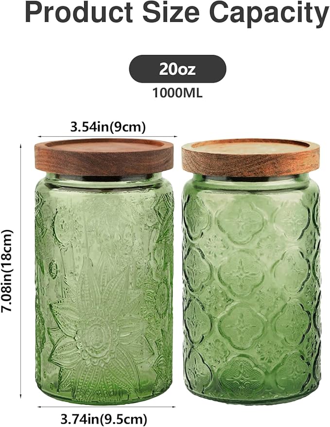Glass Jar with Lid, Vintage Glass Storage Jars with Airtight Lid Coffee Canister Sugar Container for Kitchen Counter Pantry, Spice, Candy, Coffee Beans, Tea, Oats (34FL OZ Begonia Green)
