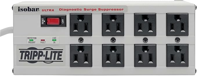 Tripp Lite ISOBAR8ULTRA Isobar 8 Outlet Heavy Duty Power Strip Surge Protector, 3840 Joules, 12ft Cord, Flat Plug, Metal Power Strip, Industrial Garage Work Shop Bench, Under Desk and Wall Mountable