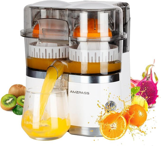 Dual-Head Electric Orange Juicer Squeezer, Citrus Juicer Machines with Power Cord & Cleaning Brush, 1-Touch Automatic Juicer Machine for Orange, Lemon, Lime, High Juice Yield, Built-in Cutter