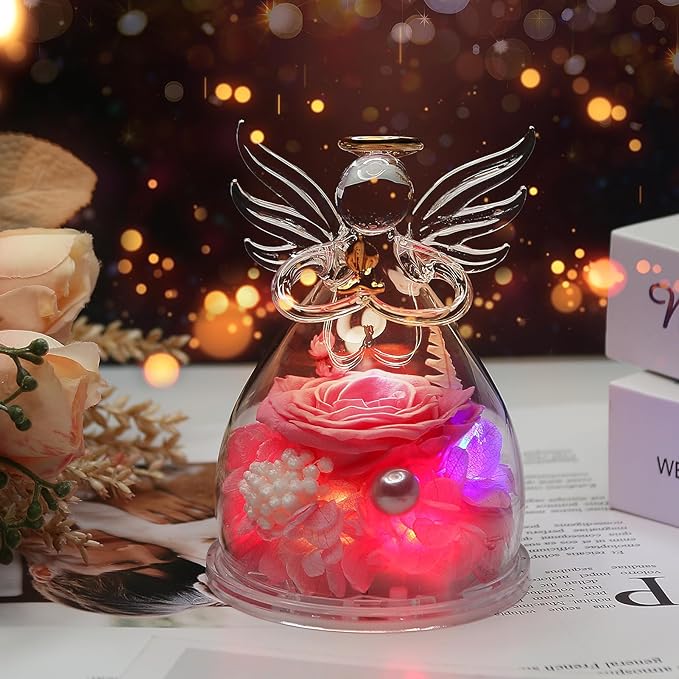 Mothers Day Mom Gifts for Mom,Fresh Flowers for Delivery,Birthday Gifts for Women Her,Preserved Flowers in Angel Figurines,Angel Gifts for Moms Mothers Day Grandma Wife Sister,Light Up Pink Gift