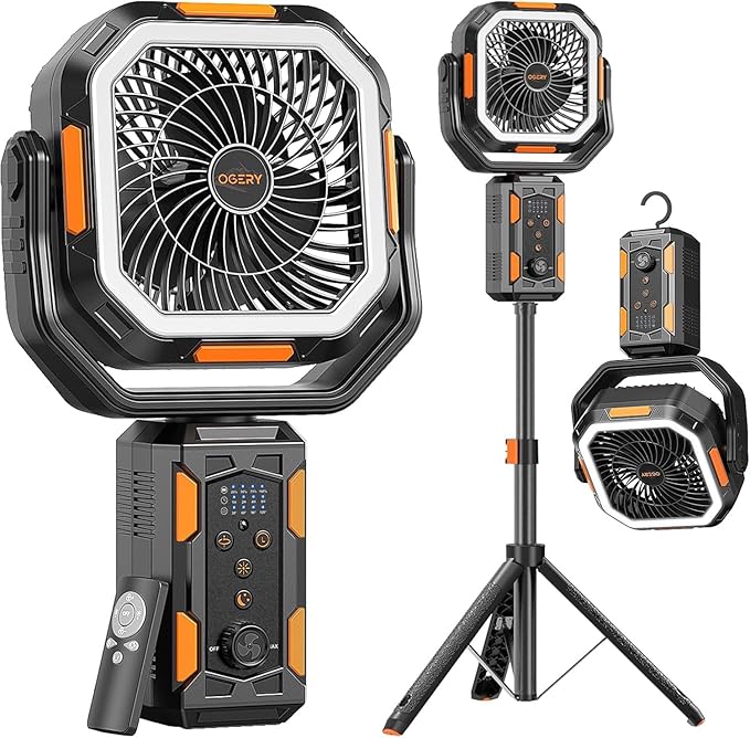 OGERY Camping Fan, Portable Fan with Adjustable Height Stand, 20000mAh Rechargeable Battery Powered Fan with Remote, LED Light, Auto Oscillation, Fast Charging, Floor or Desk Fan for Tent, RV, Travel
