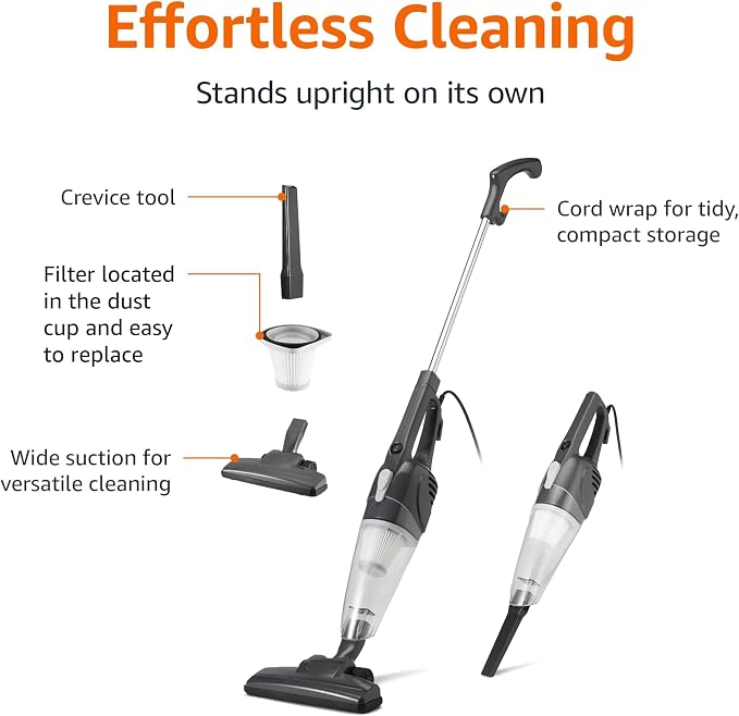 Amazon Basics 2-in-1 Corded Stick Vacuum Cleaner, Converts to Handheld, Lightweight (3.9 LBS), with Washable Filter, Crevice Tools, 0.5L Dust Cup, Self-Standing, 19.7-Ft Cord, 300W, Black