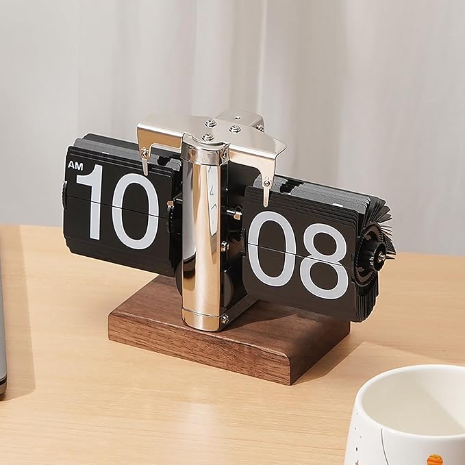 VBESTLIFE Retro Digital Flip Down Clock, Battery Powered Internal Gear Operated Clock, Classic Mechanical, Black Walnut Base, for Home & Office Decor (Silver)