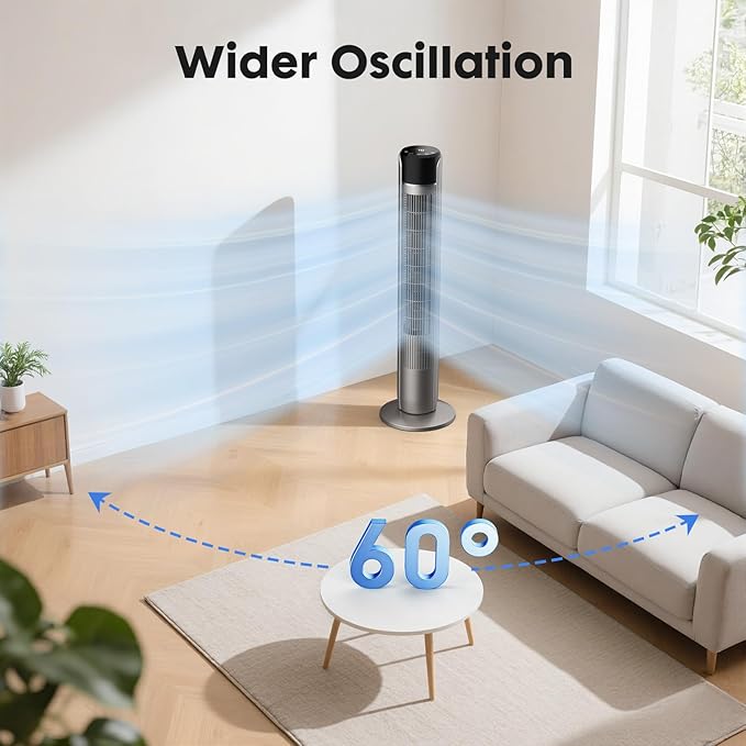 NEWBULIG Tower Fan for Bedroom, Oscillating Standing Bladeless Fan with Remote, 5 Speeds & 4Modes, 28db Quiet for Sleep, 25ft/s High Velocity, 12H Timer, Office, Home, Dorm