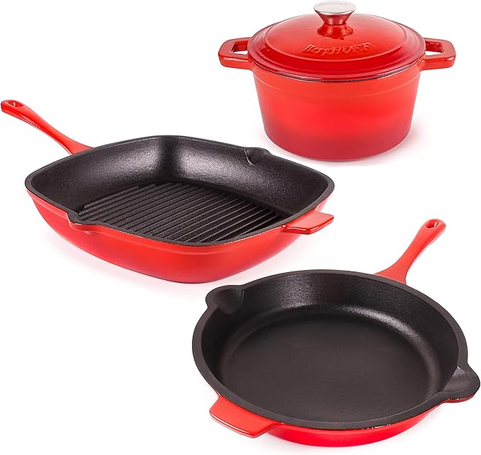 BergHOFF Neo 4Pc Enameled Cast Iron Cookware Set, Grill Pan 11 inches, Fry Pan 10 inches, 3qt. Dutch Oven, Matching Lid, Fast, Evenly Heat, Oven Safe (Red)