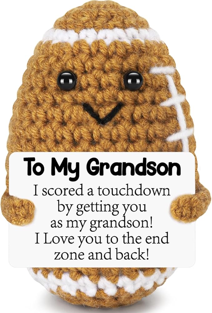 BiuNiuring Mini Funny Grandson Gifts from Grandma Grandpa, Handmade Crochet Mini Football Grandson Birthday Gifts from Grandparents, Grandson Present for Father's Day Cute Desk Decor