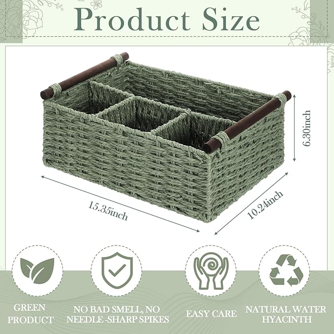 Remerry Sage Green Bathroom Countertop Organizer Caddy, Wicker-Like Divided Basket with Handle and Metal Frame, 4 Compartment, Paper Rope Storage Organizer for Vanity Kitchen (15.35 x 10.24 x 6.3 in)