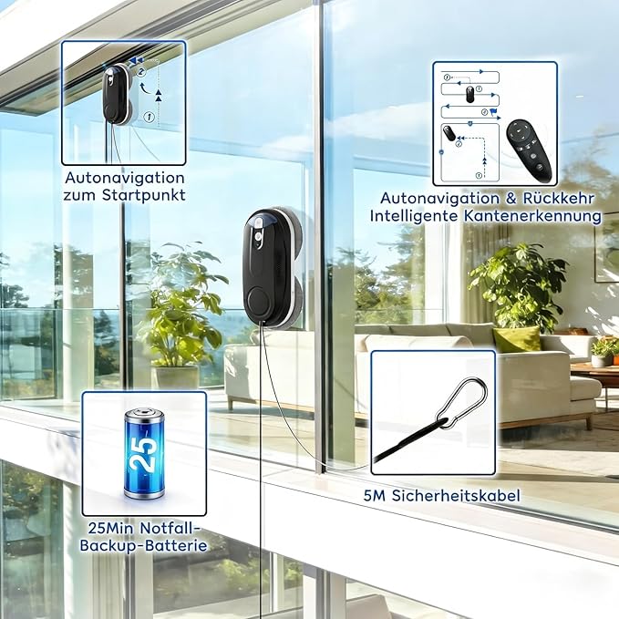 KKI Window Cleaning Robot, Automatic Window Cleaner Robot, Dual Spray, Max 3200Pa, AI Path Planning & Edge Detection, Remote Control for High-Rise Windows, Indoor/Outside,8Cloths