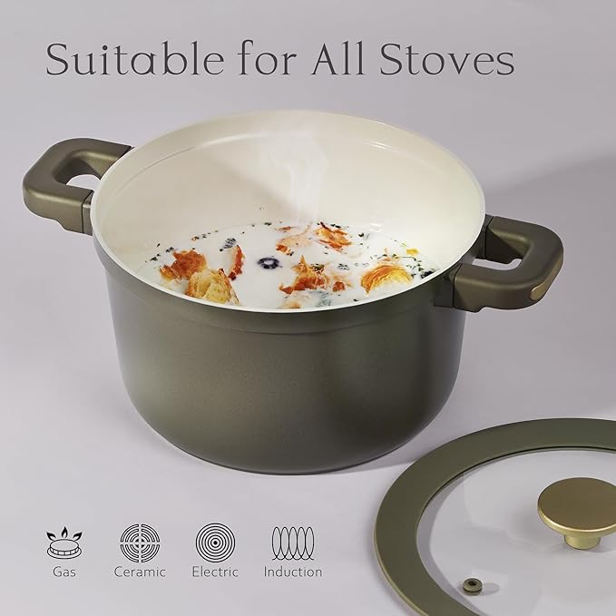CAROTE Ceramic Saucepan Set 5.5QT/3QT/2QT，Nonstick Cooking Pots Set with Detachable Handles，Non-toxic Stock Pots with Lid，Induction Comptable，PFAS and PFOA Free，Olive Green