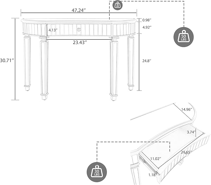 SSLine Mirror Console Table for Living Room 47" Half-Moon Mirrored Entryway Table with Fluted Glass & Crystal Knob Drawer Modern Luxury Black Silver Mirror Foyer Tables for Hallway Entrance