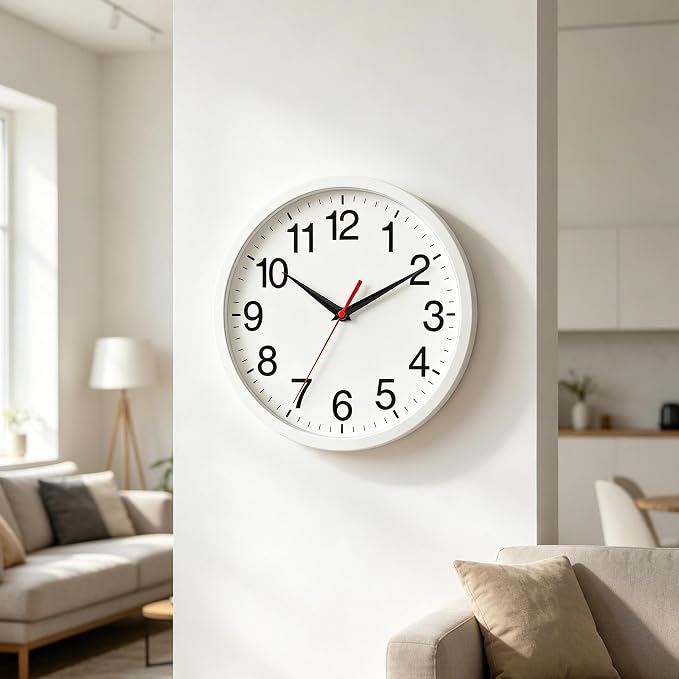 Rohioue Wall Clock Modern 10 Inch Battery Operated Silent Non Ticking Analog Clock Decorative for Bedroom Kitchen Bathroom Office Home (White)