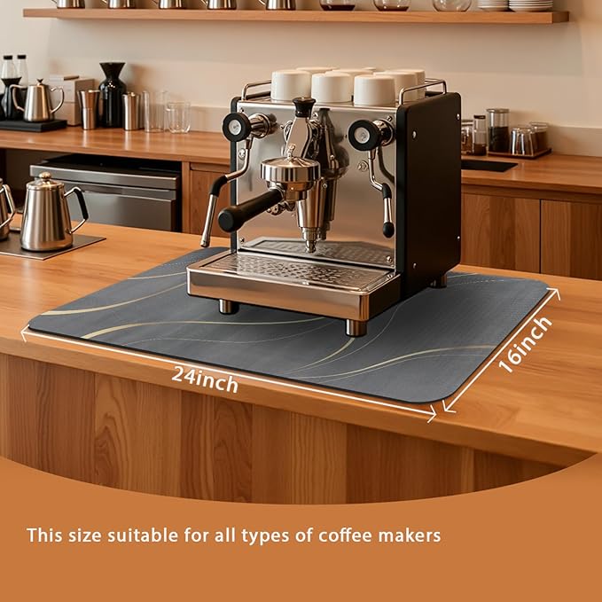 Coffee Mat 24x16 Inch, Irregular Black Streamline Coffee Top Mat, Absorbent Hide Stain Rubber Backed Dish Drying Mat for Kitchen Counter, Bar Mat for Countertops,Under Coffee Machine Espresso Staion