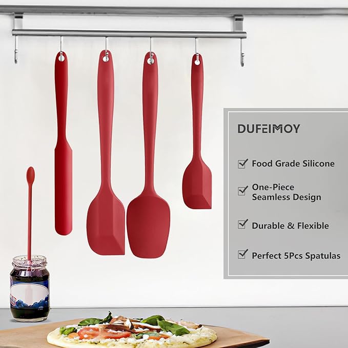 5 Piece Red Silicone Spatula Set, Heat Resistant Rubber Spatulas Set, Kitchen Spatula Set Dishwasher Safe for Nonstick Cookware Baking Cooking