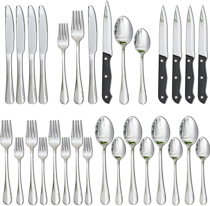 Astercook Silverware Set with Steak Knives 24-Piece Flatware Set for 4 Food-Grade Stainless Steel Cutlery Set Mirror Polished Utensils Set Include Spoons and Forks for Home Gifts for Women