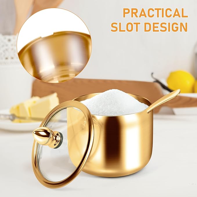 holoith 2 Pcs Coffee and Sugar Dispenser with Tray - 10 oz Sugar Bowl with Glass Lid and Spoon for Coffee Bar Accessories Kitchen Storage for Salt,Coffees Bean,Brown Sugar Cubes (Gold)