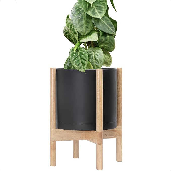 D'vine Dev Plastic Pot with Natural Wood Stand, Black, 10 in, 55-C-M-2 | Mid-Century Inspired Design, Elevated Plant Display, Clean Lines, Sturdy Support, Modern Space-Saving Style