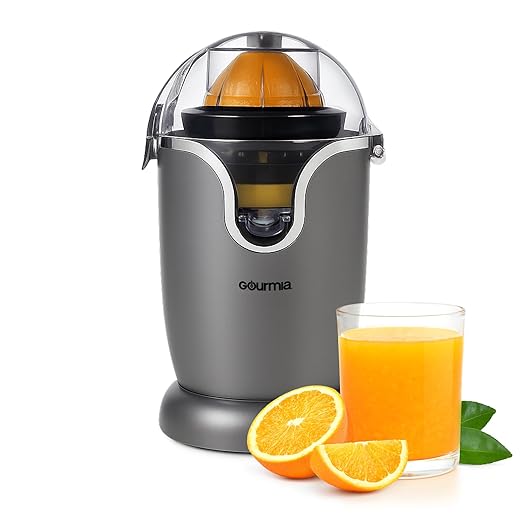 Gourmia Citrus Juicer - Automatic Juicer with 17 oz Capacity, One-Touch Operation, Universal Cone, Anti-Drip Spout, Dishwasher-Safe Accessories, Compact Quiet 60W Motor
