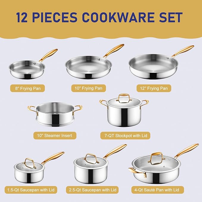 Triple Ply Stainless Steel Pots and Pans Set, EWFEN 12 Piece Induction Cookware Set, Oven Dishwasher Safe | Frying Pans, Saucepans, Saute Pan & Stock Pot, PFOA Free Kitchen Skillet, Gold
