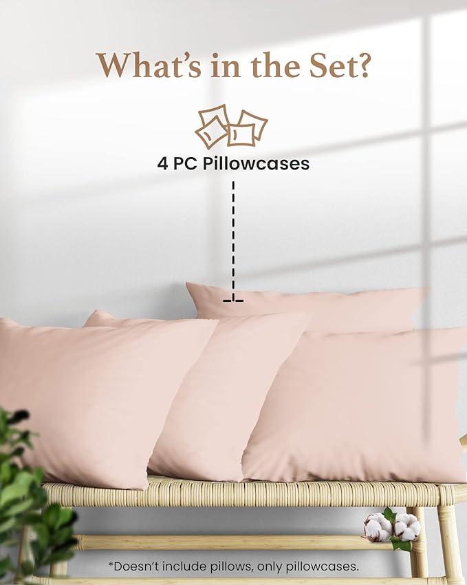 1000 TC Blush Standard Pillowcases Set of 4 100% Egyptian Cotton Pillow Cases with Long Staple Cotton & Sateen Weave, Silky Soft Hotel - Like Bed Pillow Covers for Comfy Sleeping, Snug Fit