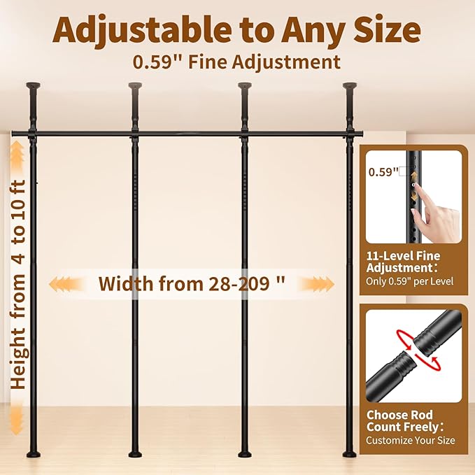 Room Divider for Room Separation,4-10ft(H) 28-209inch(W) Adjustable Temporary Privacy Wall Divider, Tension Curtain Rods No Drilling, Heavy Duty Partition Space Separator Freestanding,Black