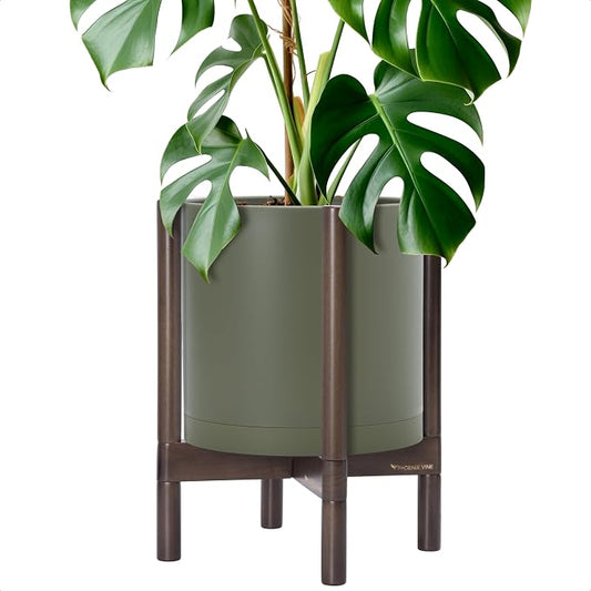 D'vine Dev Plastic Pot with Walnut Wood Stand, Olive, 12 in, 55-C-O-3 | Mid-Century Inspired Design, Elevated Plant Display, Clean Lines, Sturdy Support, Modern Space-Saving Style
