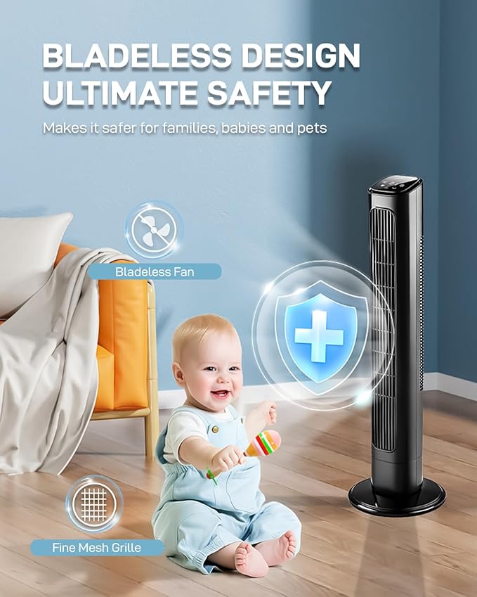 Winado 36" Bladeless Tower Fan, Portable Floor Fan with Remote Control, LED Display, Adjustable 90° Oscillating, 3 Speeds, 3 Modes & 9H Timer, Ultra-Quiet Cooling Fan for Home Office Bedroom, Black