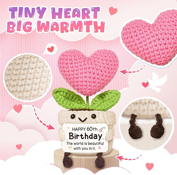 Cute 60th Birthday Gifts for Women – Crochet Pink Heart Flower, 1966 60th Birthday Decorations for Her, 60 Years Old Happy Bday Gift for Women Friends Daughter Sister Mom Wife Grandma