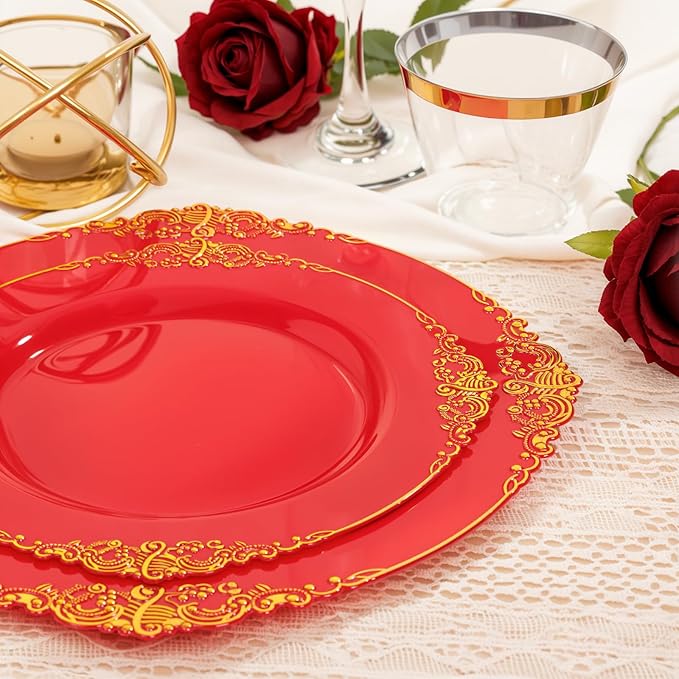 Nervure 350PCS Red Plastic Plates - Red Gold Plastic Dinnerware Sets for 50 Guests - 100 Gold Disposable Plates, 50 Pre Rolled Silverware Sets, 50 Cups Perfect for Wedding & Party & Mothers Day