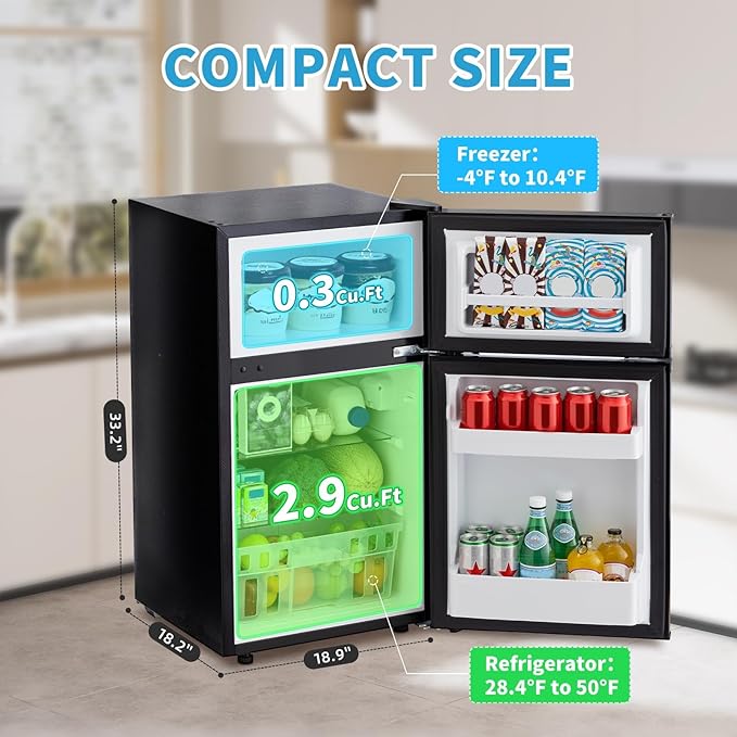 2 Door Mini Fridge with Freezer, 3.2 Cu.Ft Refrigerator and Freezer, Adjustable Thermostat, Energy Saving, Low Noise, Small Refrigerator for Bedroom, Dorm, Office