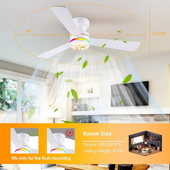 Asyko 46" White RGB Ceiling Fans with Lights and Remote,Low Profile Ceiling Fans with Quiet Reversible DC Motor,Modern Flush Mount Ceiling Fan Light for Bedroom Kids Room